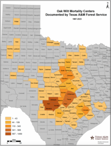 Map of Texas with areas of oak wilt identified, created by Texas A&M Forest Service.